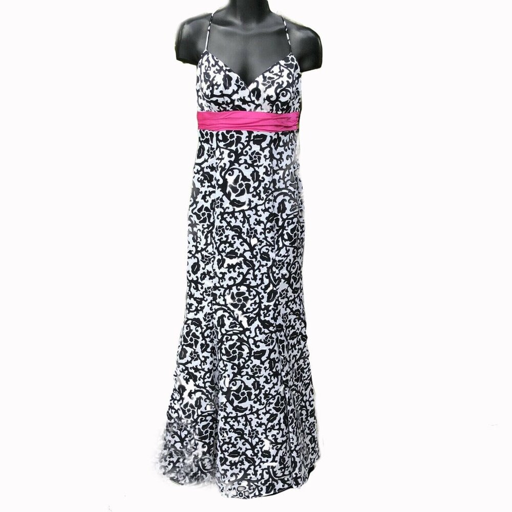 Betsy and Adam Formal Dress Womens XS Black White Floral Ruched Empire Prom Gown